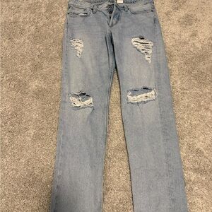 H&M Light Blue Distressed Straight Leg Jeans